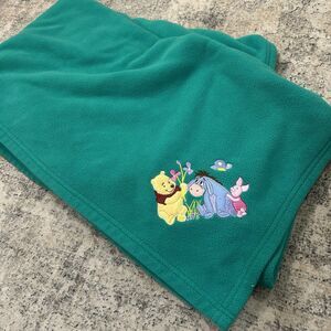 Vtg Winnie The Pooh Eeyore Piglet Disney Direct Green‎ Fleece Blanket RARE 60x50